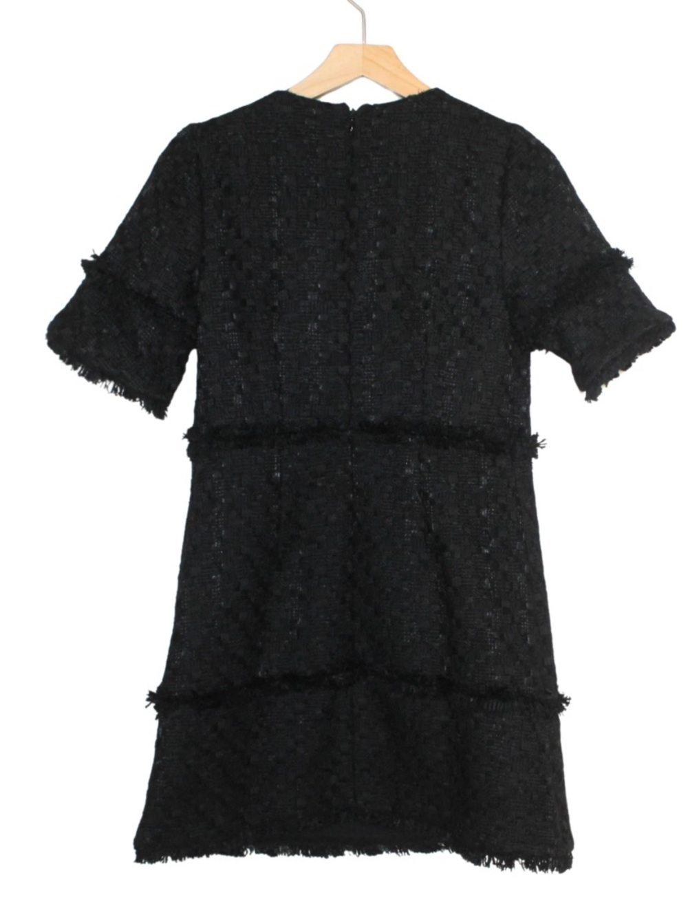Ann Taylor black tweed frayed trim flared sleeve shift mini dress - Picture 3 of 13